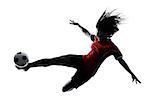 one woman playing soccer player in silhouette isolated on white background