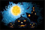 Grungy Halloween Background with Moon, Haunted House and Pumpkins