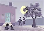 Moonlit night where two puppies are sitting together in front of a house, and a couple are standing and talking together by a tree.