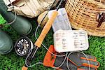 Fly fishing equipment and boots ready to use