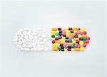 Assorted medical pills and tablets in shape of drug capsule