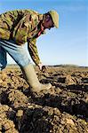 Farmers inspecting soil in ploughed field