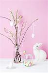 Still life of blossom twigs, Easter bunny and birds