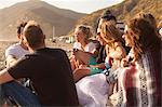 Group of friends camping on beach, Malibu, California, USA