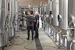 Brewers in brewery standing next to stainless steel tanks