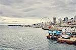 View of waterfront and Seattle great wheel, Seattle, Washington State, USA