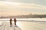 Silhouettes of people walking along frozen river