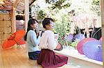 Young Japanese women enjoying foot spa in Kawagoe, Japan