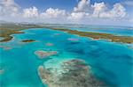 Aerial view of sections of reef scattered along the rugged coastline and rich tropical vegetation of Antigua, Leeward Islands, West Indies, Caribbean, Central America