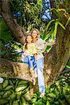 Mother and daughter sitting on garden tree branch