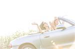 Cheerful female friends enjoying road trip in convertible on sunny day