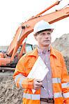 Architect looking away while holding clipboard at construction site