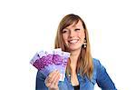 France, young woman in studio with 500 euros banknote..