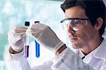 Scientist scrutinizing test tubes in lab