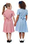 School girls holding hands, rear view shot