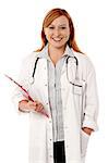 Female physician posing with clipboard and stethoscope