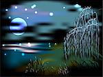 Night landscape with lake and reeds in the light of the moon. EPS10 vector illustration