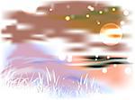 Bright landscape with lake and reeds in the light of the moon. EPS10 vector illustration
