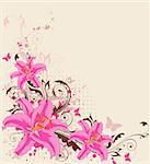Vector decorative  background with pink lily and butterflies