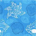 Blue seamless pattern with sea shells