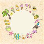 Summer decorative round vector banner with tropical fish, palm and bird