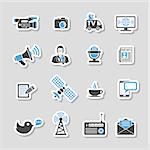 Media and News Icons Sticker Set with Journalism, Television, Newspaper and SMS in two color. Vector illustration.