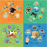 Concepts for Online Internet Technology - Education, Shopping and Games with 3D and Flat Icons. Can be used for web banners and printing advertising. Vector Illustration.