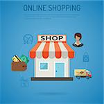 Internet Online Shopping Poster with Flat Icons for e-commerce. Vector illustration.