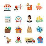Internet Shopping, Delivery and Cargo Detailed Flat Icon Set for e-commerce with money, truck, gift symbols. Vector isolated on white.