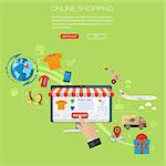 Vector illustration in flat style different icons on theme of retail sales, marketing, online shopping, delivery of goods, such as computer, shop, airplane, smartphone signs and symbols