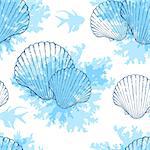 Blue marine vector seamless pattern with sea shells and fishes