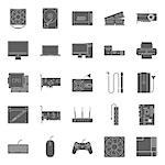 Computer components and peripherals silhouettes icons set graphic illustration design