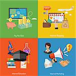 Concepts for Online Internet Technology - Education, Shopping, Marketing and Pay per Click Flat Icons. Can be used for web banners and printing advertising. Vector Illustration.