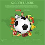 Football Poster with Soccer Ball and Attributes Icons. 3D Realistic and Flat icons such as referee, trophy, red card. Can be used for flyer, poster and printing advertising. Vector Illustration.