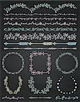 Collection of Chalk Drawing Artistic Hand Sketched Decorative Doodle Vintage Seamless Borders. Frames, Wreaths, Branches, Dividers. Design Elements. Hand Drawn Vector Illustration. Chalkboard Texture