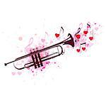 Romantic music background with trumpet, notes and red hearts