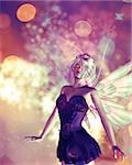 Fantasy illustration with fairy on colorful background with bokeh lights.