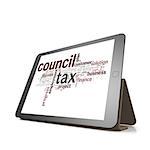 Council tax word cloud on tablet image with hi-res rendered artwork that could be used for any graphic design.