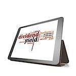 Dividend yield word cloud on tablet image with hi-res rendered artwork that could be used for any graphic design.