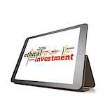 Ethical investmentword cloud on tablet image with hi-res rendered artwork that could be used for any graphic design.