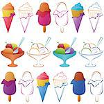 Set of Ice Cream Tasty Desserts of Various Colors and Symbolical Pictograms, Isolated on White Background. Vector