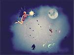 Cute fairy with magic sparkling dust flying at night time.