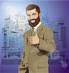 Vector hipster business man with beard shows well done on the sketch street