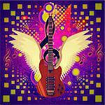 Illustration of abstract musical background and guitar with wings.