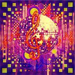 Illustration of abstract musical background with music notes and disco ball.