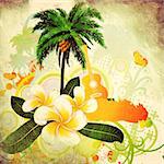 Abstract grunge tropical background with palm trees, white plumeria flowers and guitar.