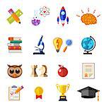 Online Education Flat Icon Set for Flyer, Poster, Web Site Like mortarboard, books, brain and trophy