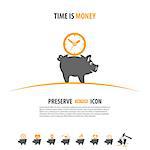 Preserve, Save, Conservation Vector Concept with Icon set in two color such as Piggy Bank, Money, Time may be used for Flyer, Poster, Web Site