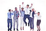 Business people cheering in office on white background