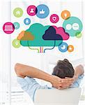 Rear view of a casual man resting with hands behind head in office against apps and cloud computing concept